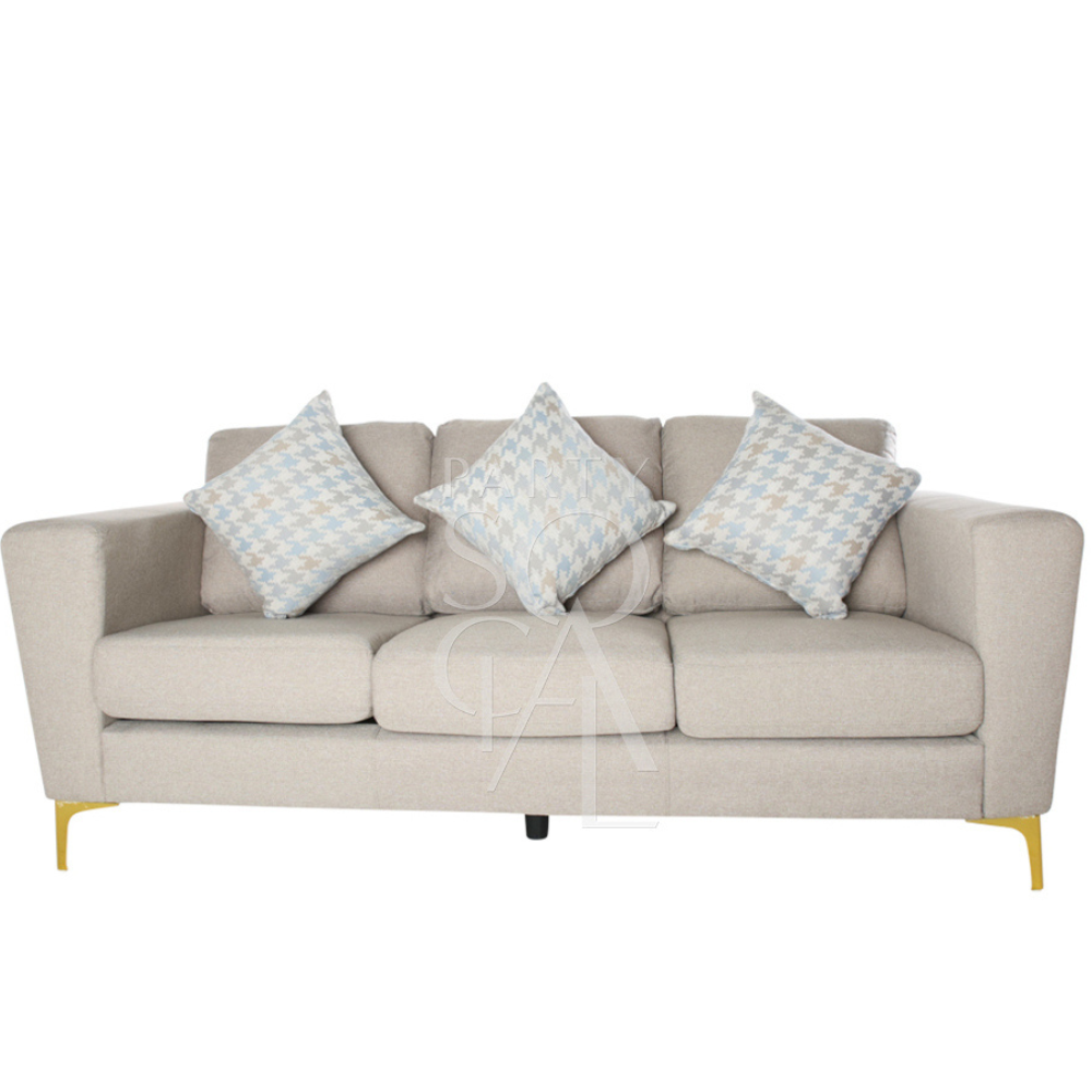 Stylish 3-seater sofa upholstered in sand-colored fabric, featuring a soft, neutral tone that complements a variety of decor styles. The sofa boasts a comfortable and inviting design, with plush cushions and a sleek, modern silhouette, making it a perfect centerpiece for living rooms and lounges.