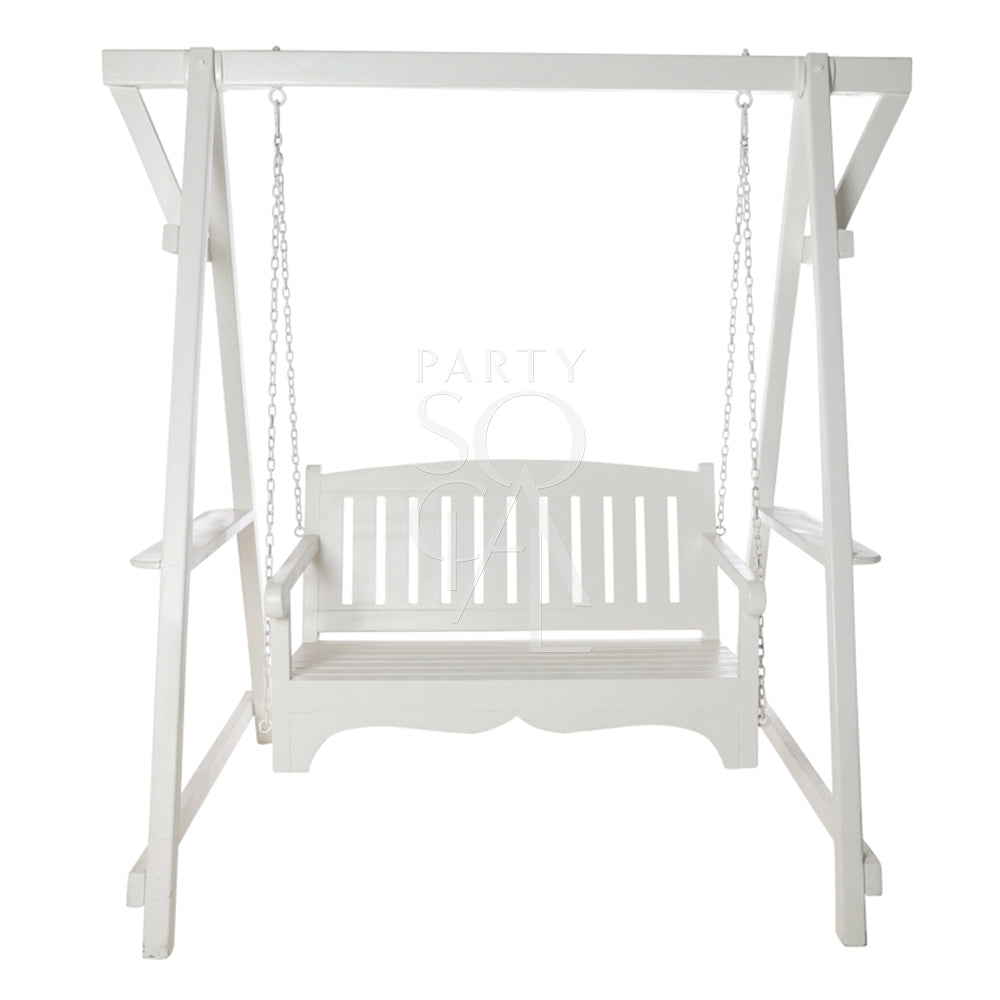 Charming white wooden swing with a classic design, featuring a smooth, polished finish and sturdy rope attachments. The swing’s clean white color and simple style add a touch of elegance and nostalgia, making it an inviting addition to gardens, patios, or outdoor spaces.