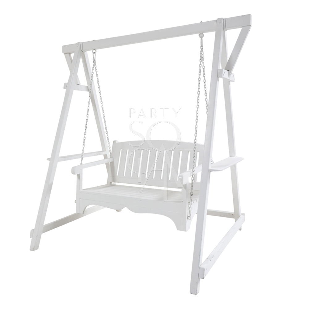 Charming white wooden swing with a classic design, featuring a smooth, polished finish and sturdy rope attachments. The swing’s clean white color and simple style add a touch of elegance and nostalgia, making it an inviting addition to gardens, patios, or outdoor spaces.