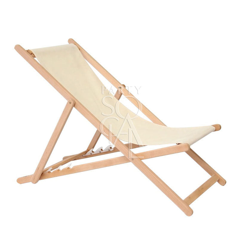 Classic wooden deckchairs with a sturdy frame and natural finish, providing comfortable and stylish outdoor seating, perfect for relaxing on patios, gardens, or beach settings.