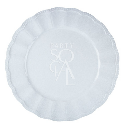 White embossed plates featuring a detailed, textured pattern that adds a touch of elegance to any table setting. The classic white color and intricate embossing make these plates suitable for both formal occasions and everyday dining, offering a sophisticated look with a subtle design element.