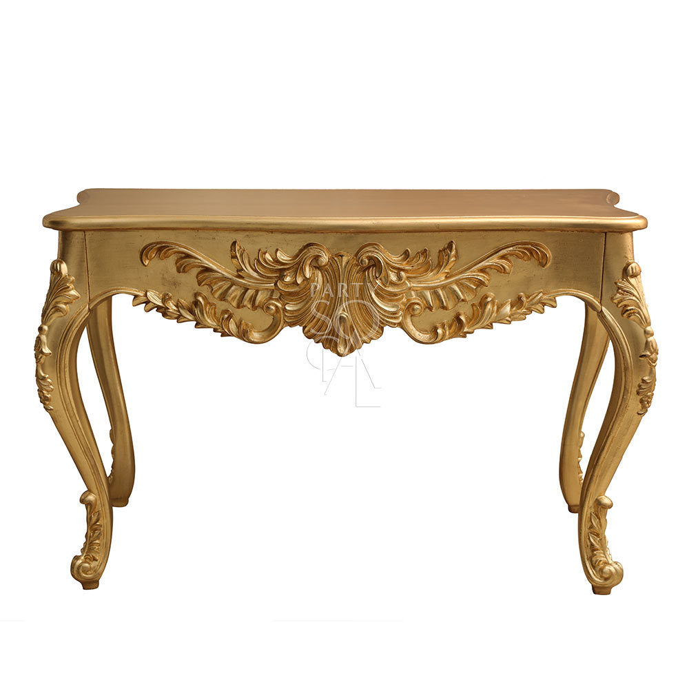 Sophisticated gold console unit featuring a sleek, metallic finish and a modern design. The console unit includes clean lines and a stylish appearance, making it an ideal addition to entryways, living rooms, or decorative spaces, adding a touch of luxury and elegance to any interior.